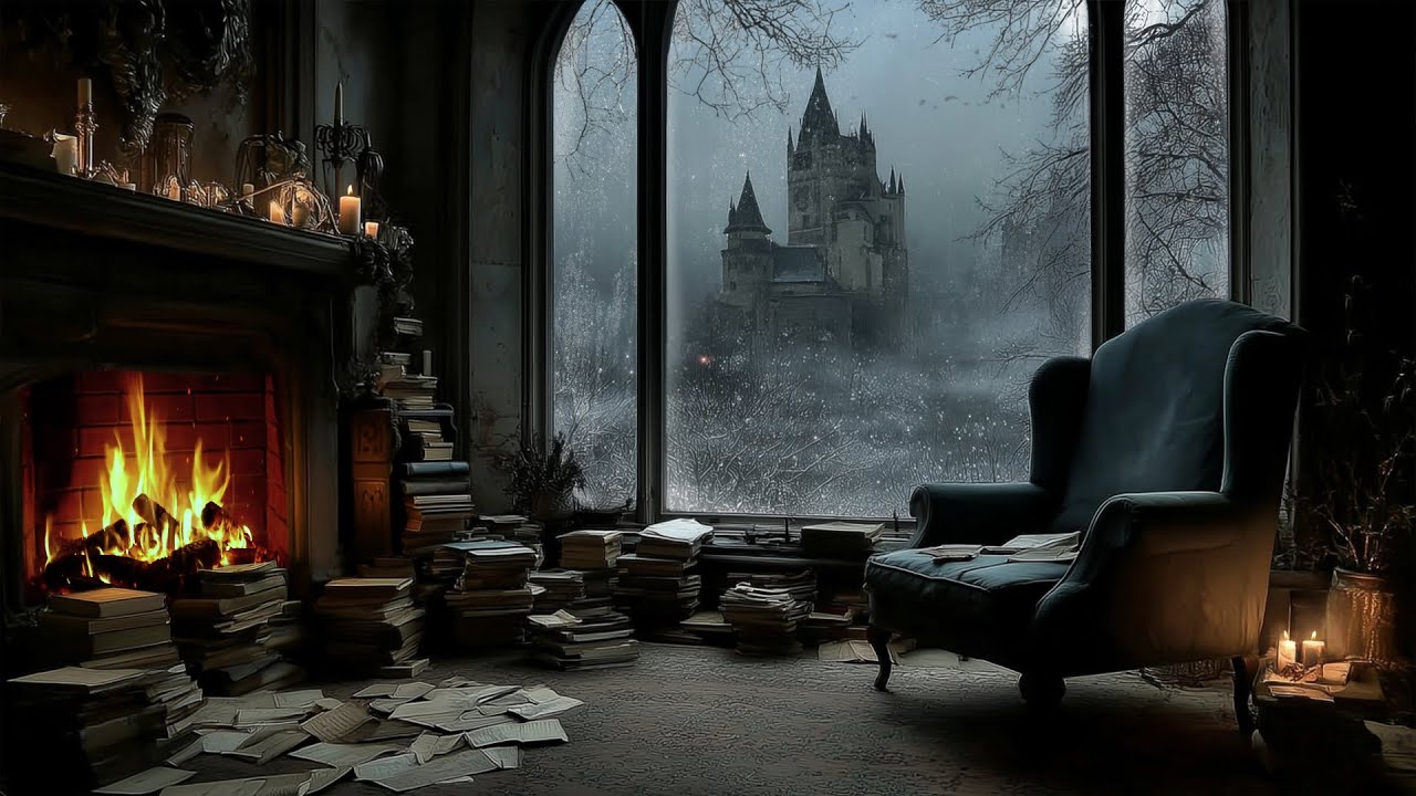 Dark Academia Fireplace Ambience | Snow Castle, Candlelight & Soft Piano for Reading & Study ❄️