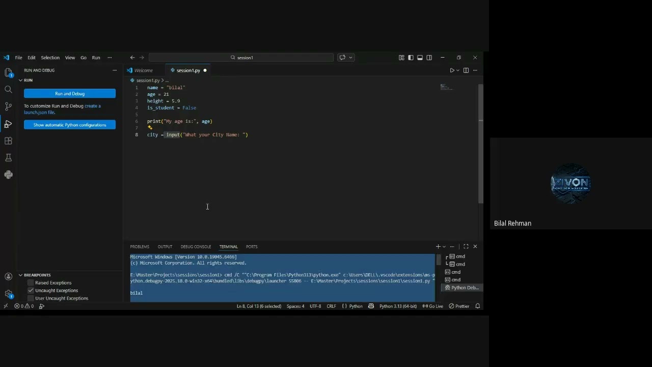 Python Basics session 01 under mentorship of Zivon | Live session from UK
