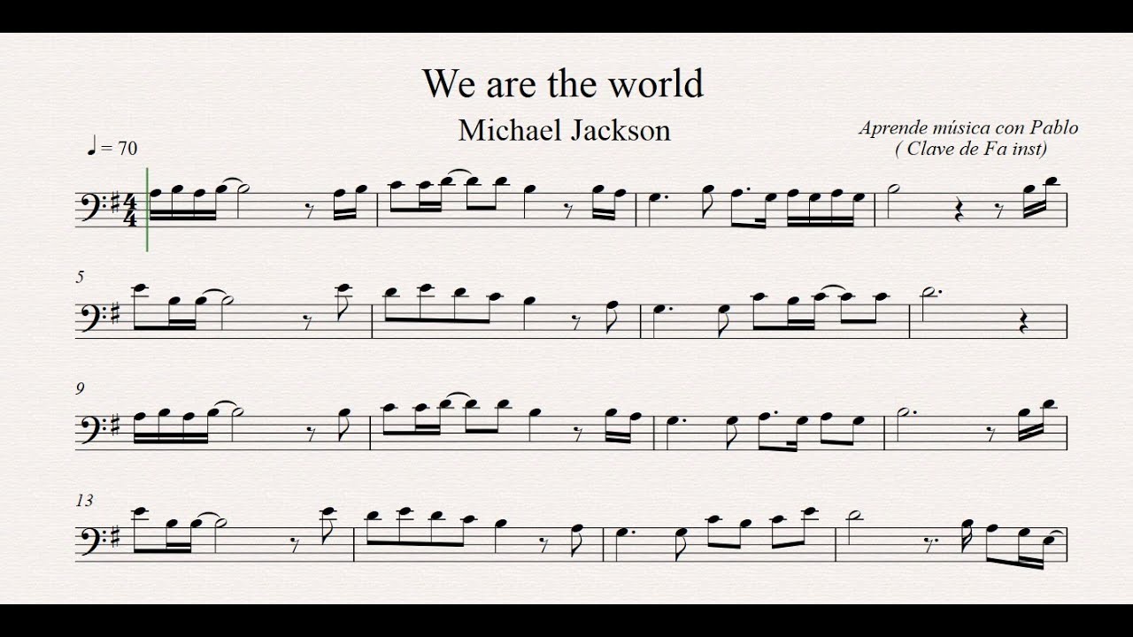 WE ARE THE WORLD:  Clave de Fa (trombón, chelo, fagot, contrabajo...) (partitura/playback)