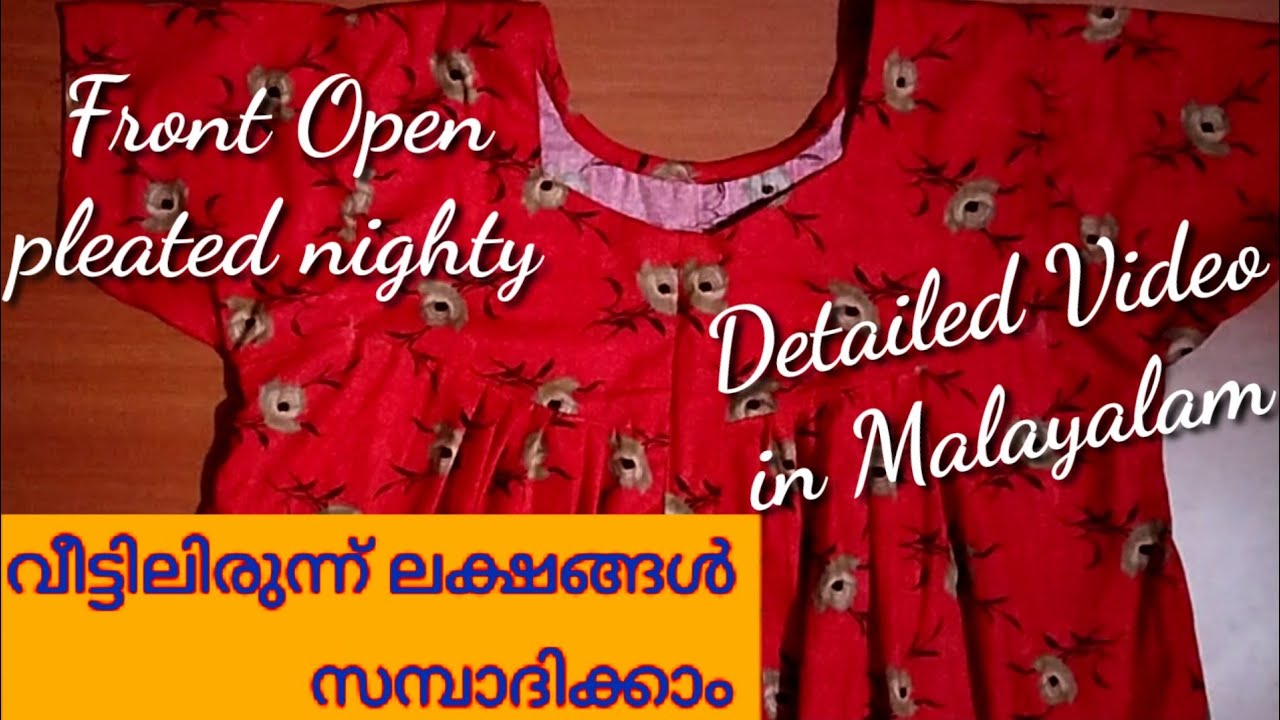 front open pleated nighty cutting and stiching in malayalam for beginners/nighty stiching