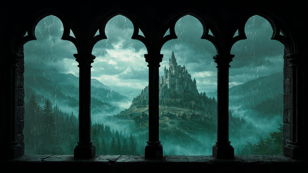 4K Projector Window View: Rainy Castle Ambience & Thunderstorm Sounds for Sleep, Study & Relaxation