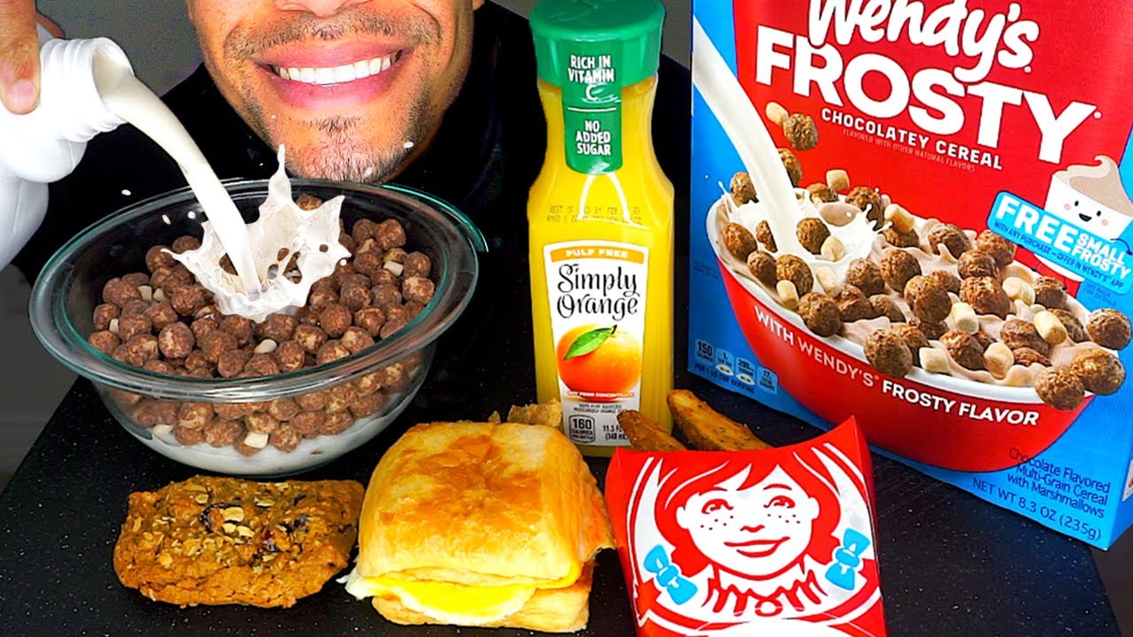 ASMR WENDY'S BREAKFAST FROSTY CEREAL CHALLENGE EATING SHOW MOUTH SOUNDS JERRY MUKBANG TALKING REVIEW