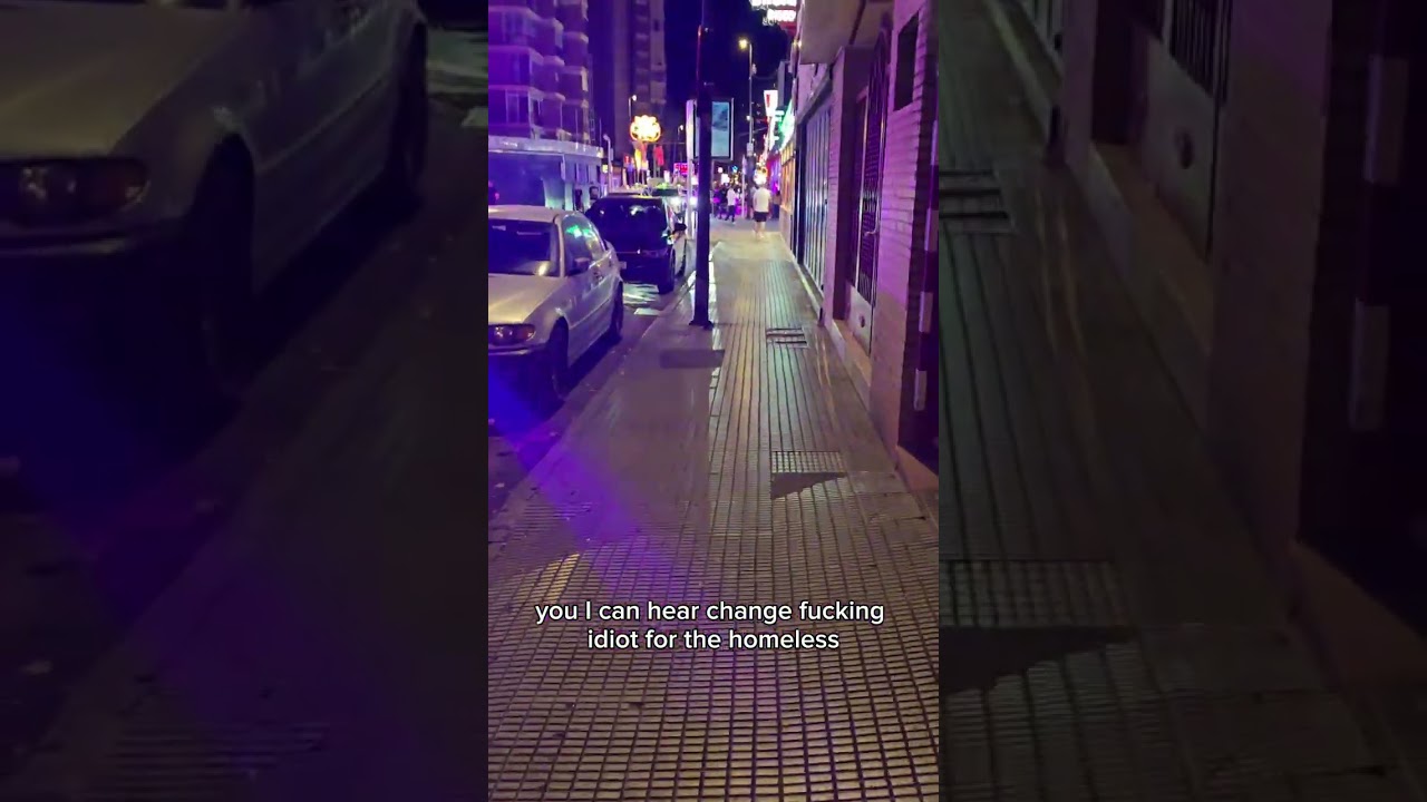 Benidorm 3am walk uncut.   Busy clubs.  Charlie offers . Dog attack. 