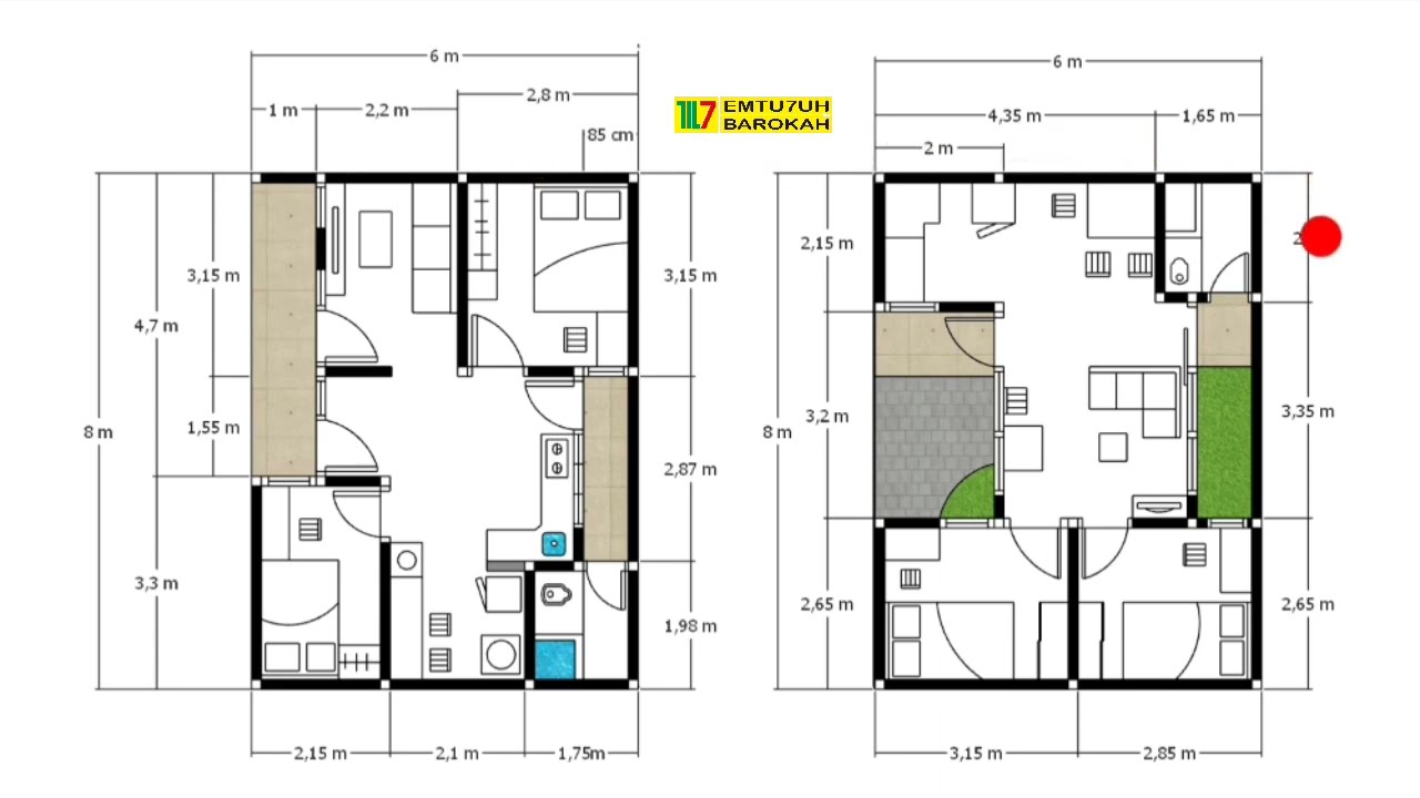 2 Pilihan Denah 8x6 bisa kamar 2, Sirkulasi sehat