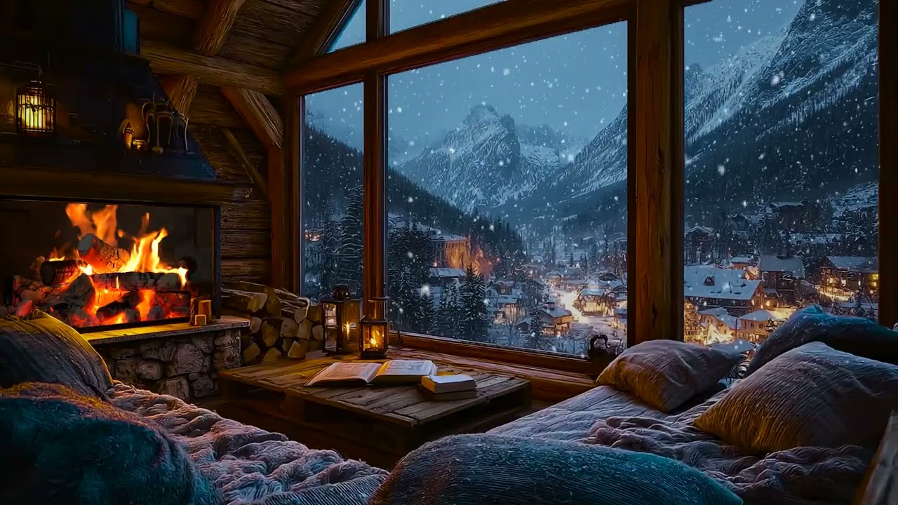 Cozy Winter Cabin Night with Crackling Fireplace and Falling Snow Sounds for Deep Sleep and Study