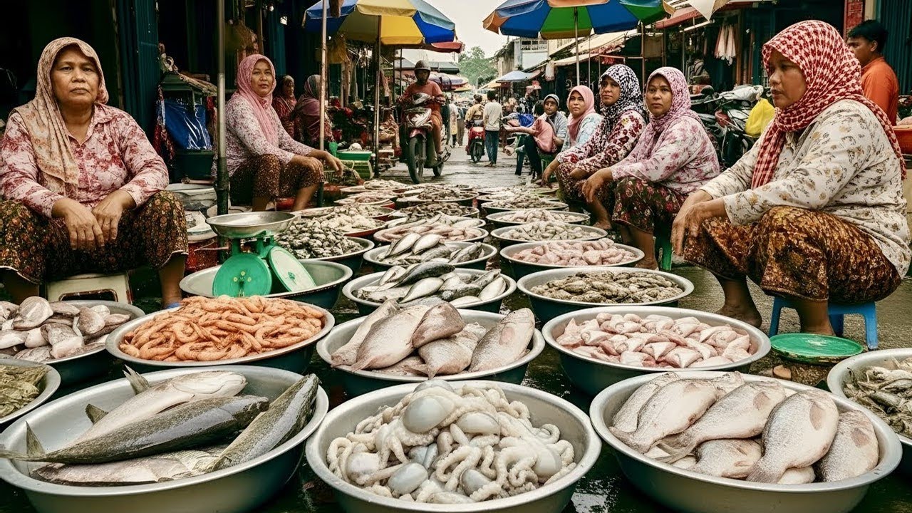 Cambodian Seafood Market Morning Rush - Fresh Fish & Daily Life in Cambodia