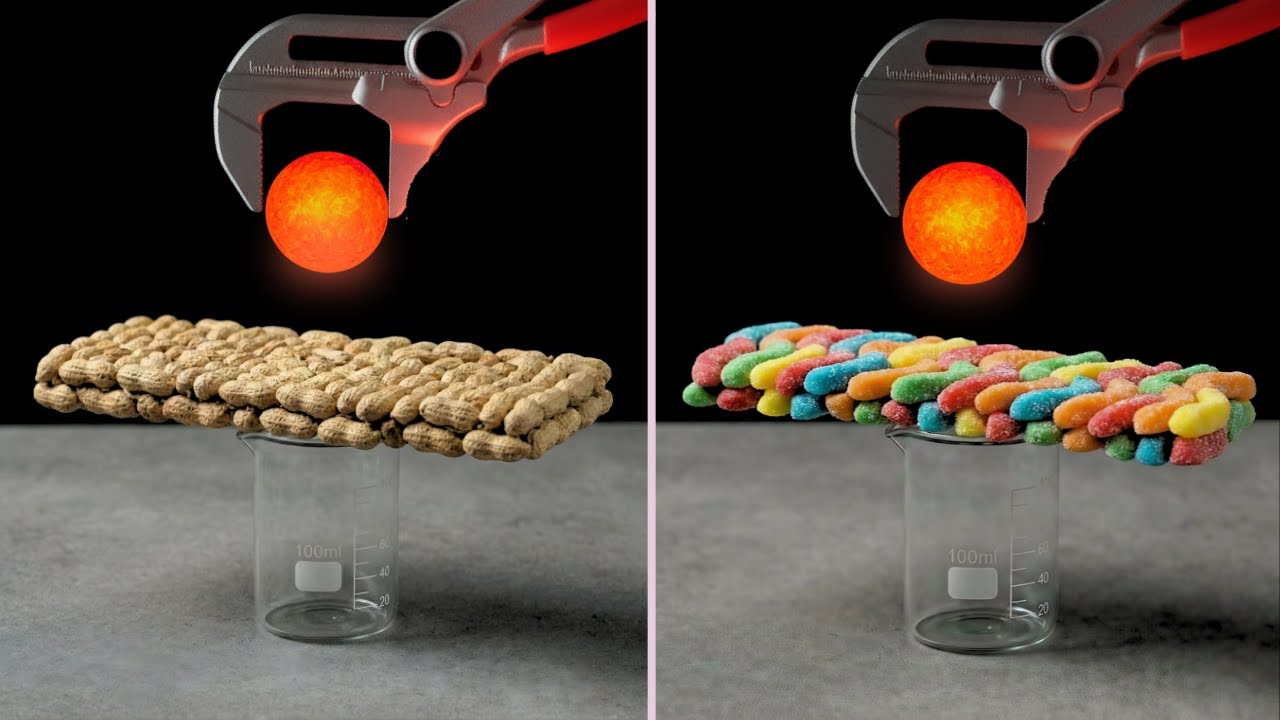 1000&deg;C Red Hot Metal Ball vs Peanuts, Gummy, Almonds & Popcorn!