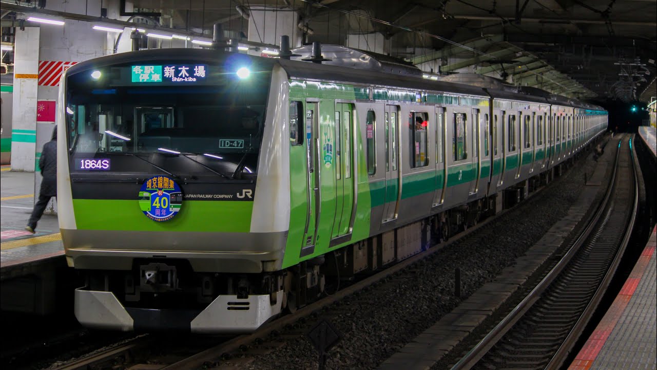 E233系7000番台ﾊｴ117編成がりんかい線直通各駅停車新木場行き（赤羽まで通勤快速）として赤羽駅7番線を発車するシーン