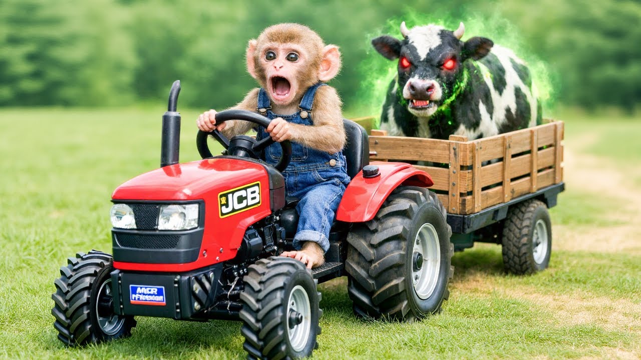 Monkey Farm Tractor Chases a Mad Cow to Save the Farm! - Monkey Farm Work | MyNi Monkey Farm