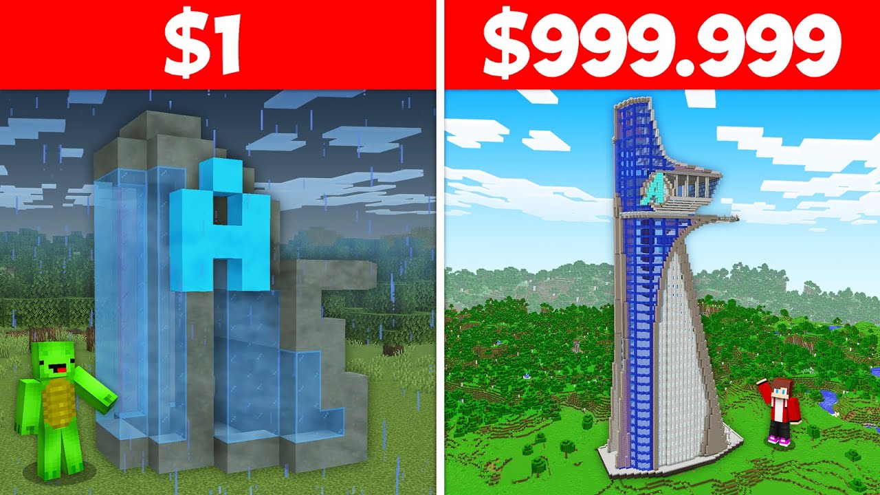 JJ and Mikey $1 vs $99999 BUILD CHALLENGE Avengers Tower in Minecraft - Maizen