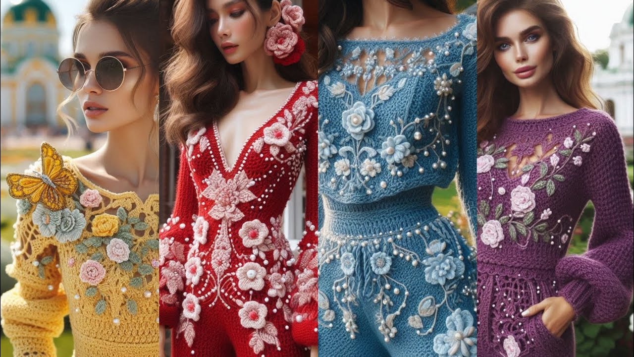 Crochet stunning jumpsuit with floral embroidery and pearls knitted with wool