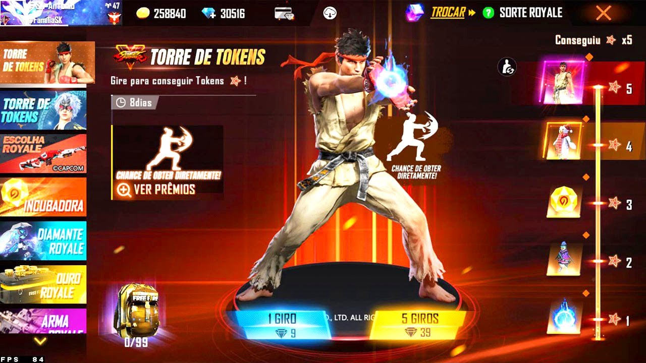 ZEREI NOVO EVENTO STREET FIGHTER TORRE DE TOKENS RYU E EMOTE HADOUKEN GASTEI DIAMANTES FREE FIRE