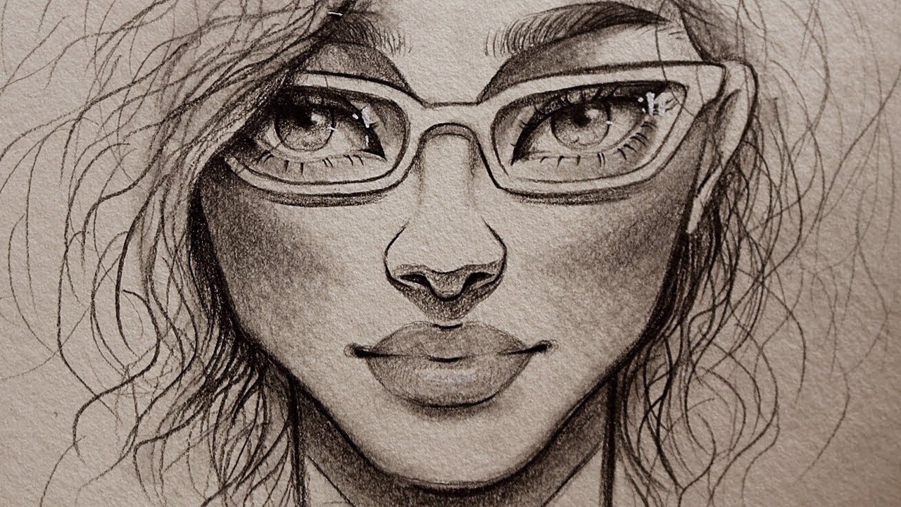 تعلم الرسم : كيف ترسم بورتريه كامل لفتاة ترتدي نظارات ~ رسم الوجه بالرصاص للمبتدئين