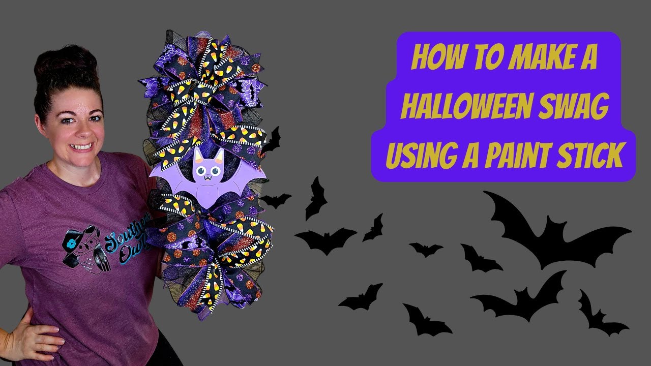 How to make a Halloween swag using a paint stick, mesh, ribbon, and a sign from AtHome.