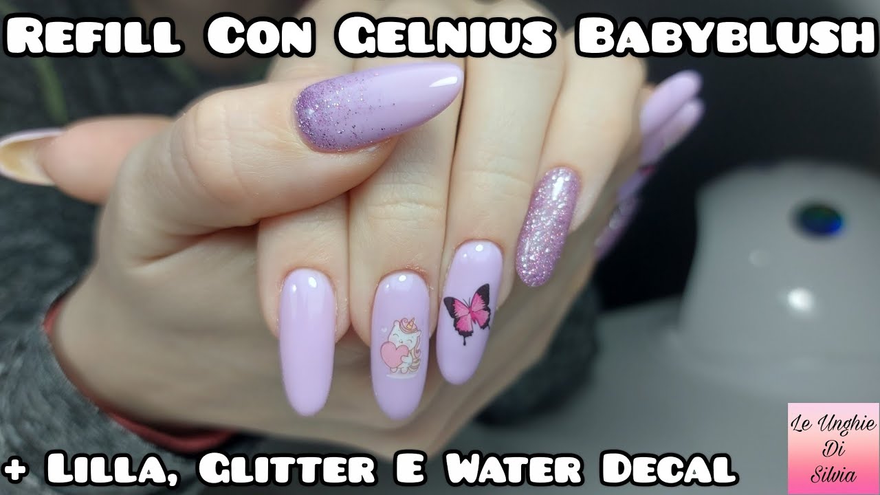 Refill Con Gelnius Babyblush Passione Unghie + Unghie Lilla, Glitter E Water Decal