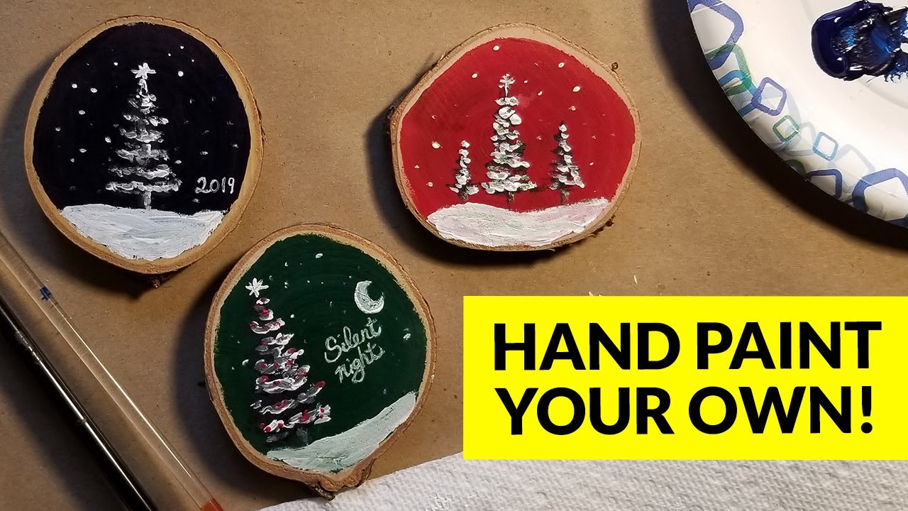 Painting wood slice ornaments: snowy Christmas tree painted ornament on birch wood slice