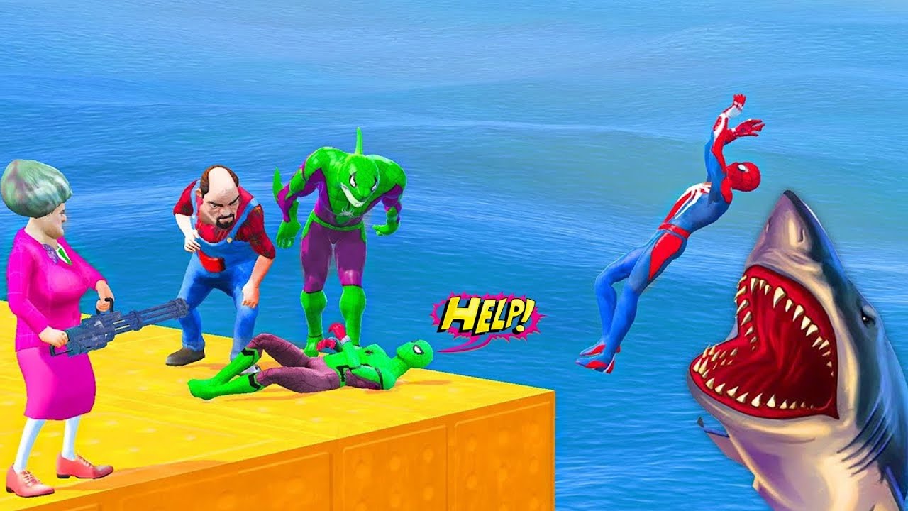 Scary Teacher 3D: Green & Red Spidey Trapped by Shark Spider – Evil Miss T’s Brutal Shark Attack!