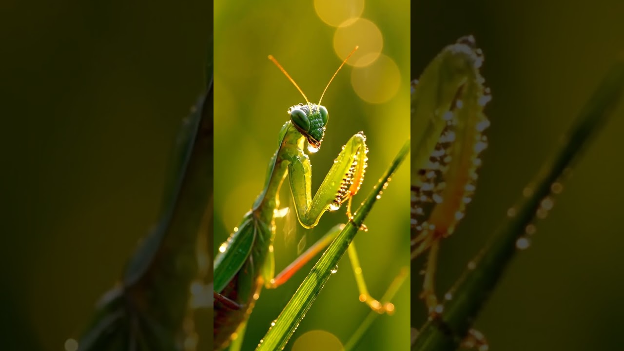 A praying mantis perched on a thin grass