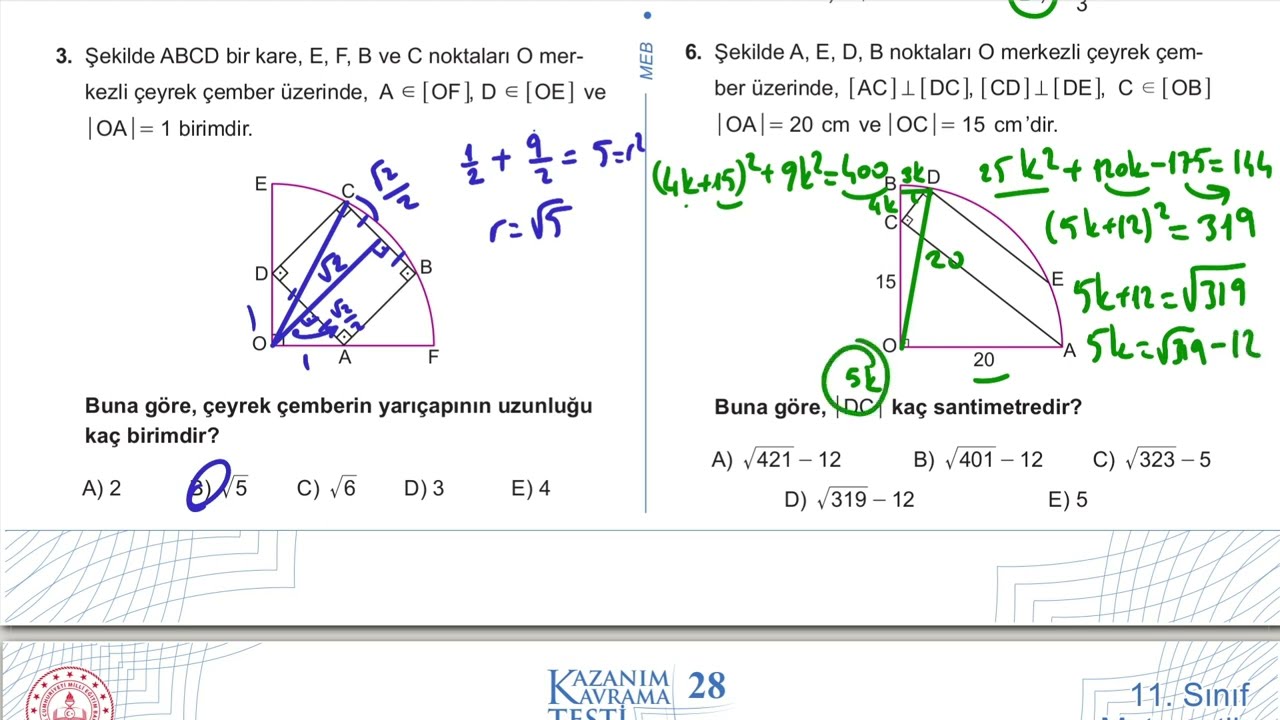 11. Sınıf Matematik Kazanım Kavrama Test 28 (Çemberin Temel Elemanları) Çözümler