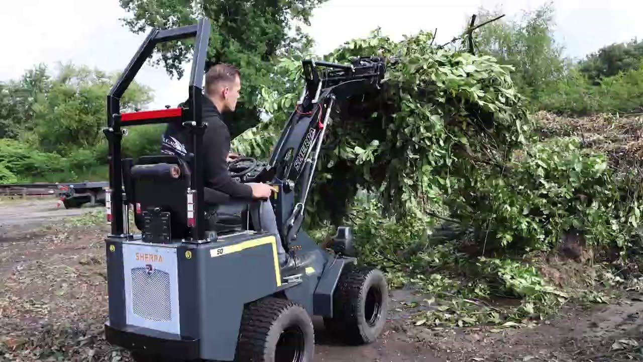 SHERPA S50 Mini-loader with Log Grab attachment for arborists, gardening and landscaping