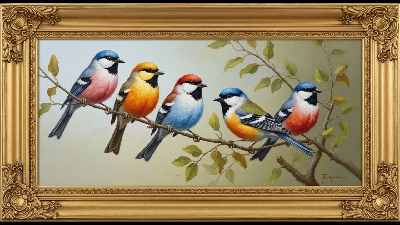Frame TV Art: Colorful Songbirds on Branch in Golden Frame | 4K Ambient Art
