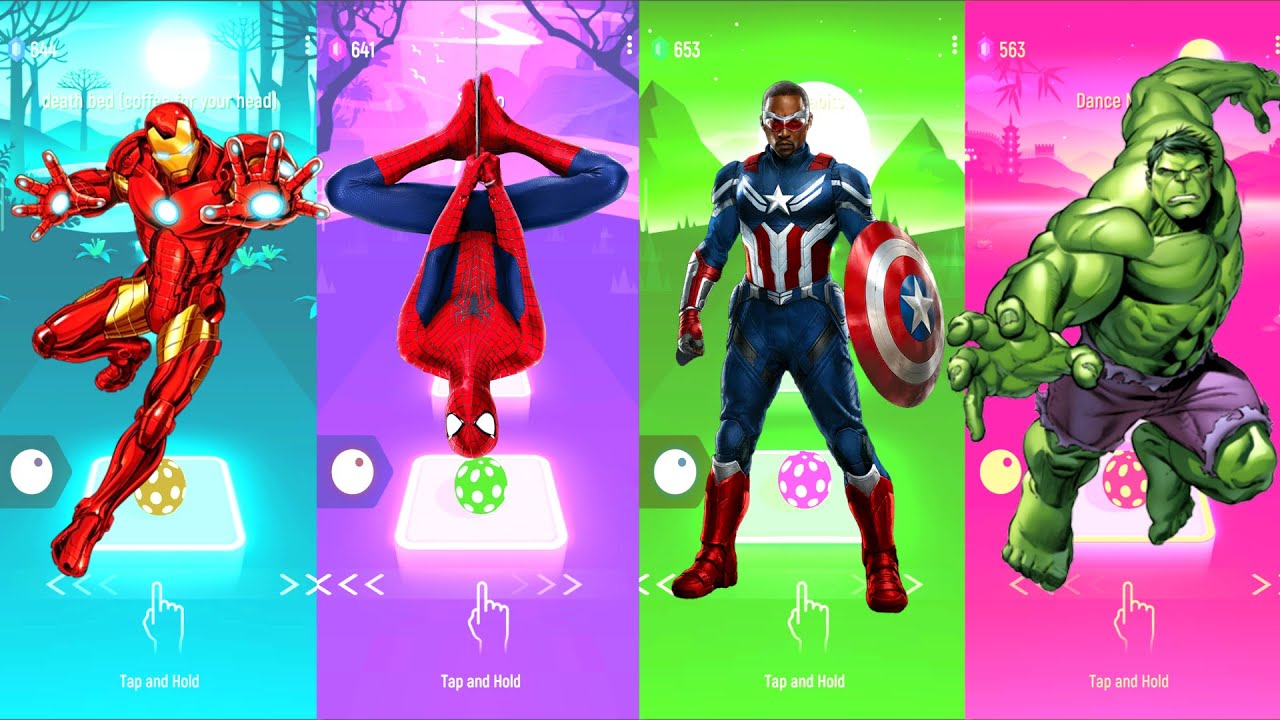 Iron Man 🆚 Spiderman 🆚 New Captain America 🆚 Hulk | Marvel Heroes | Tiles Hop Fun Ball