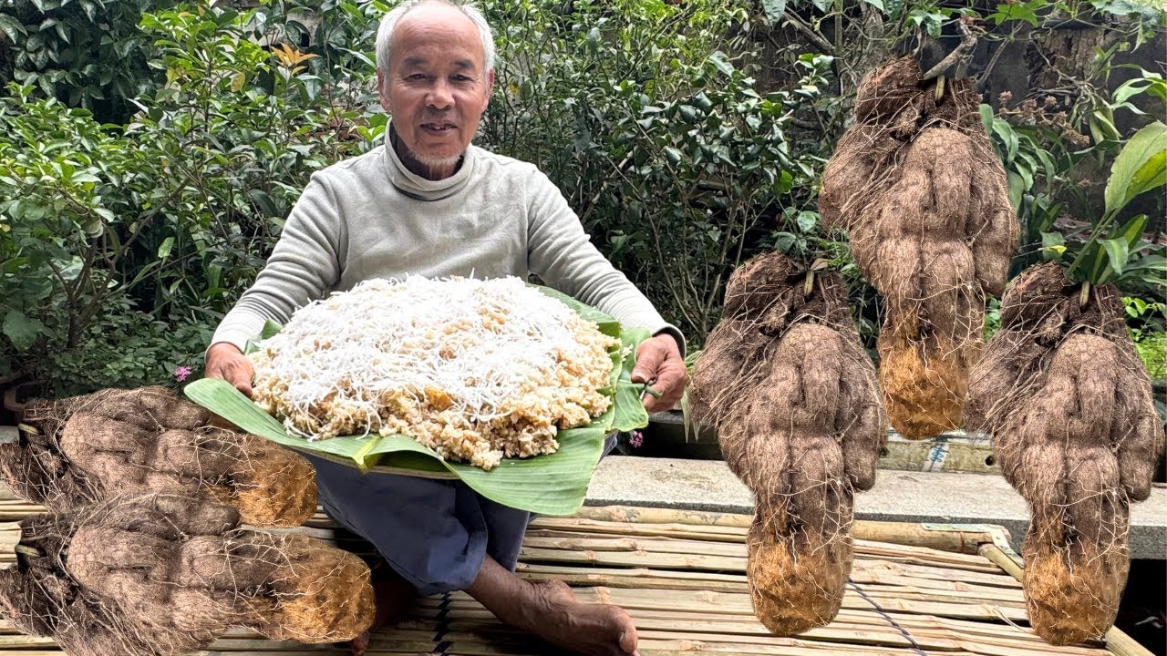 Harvesting  Giant Winged Yam and Cooks Fragrant Sticky Rice for the Family !