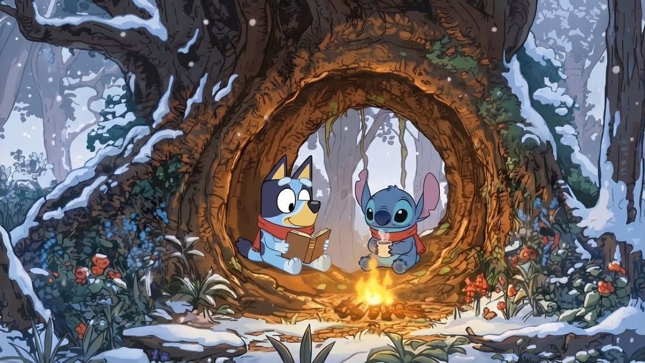 Stitch & Bluey Morning Winter Hideaway ❄️ Soft Lofi Beats for Study & Focus 💫 Warm Forest Morning