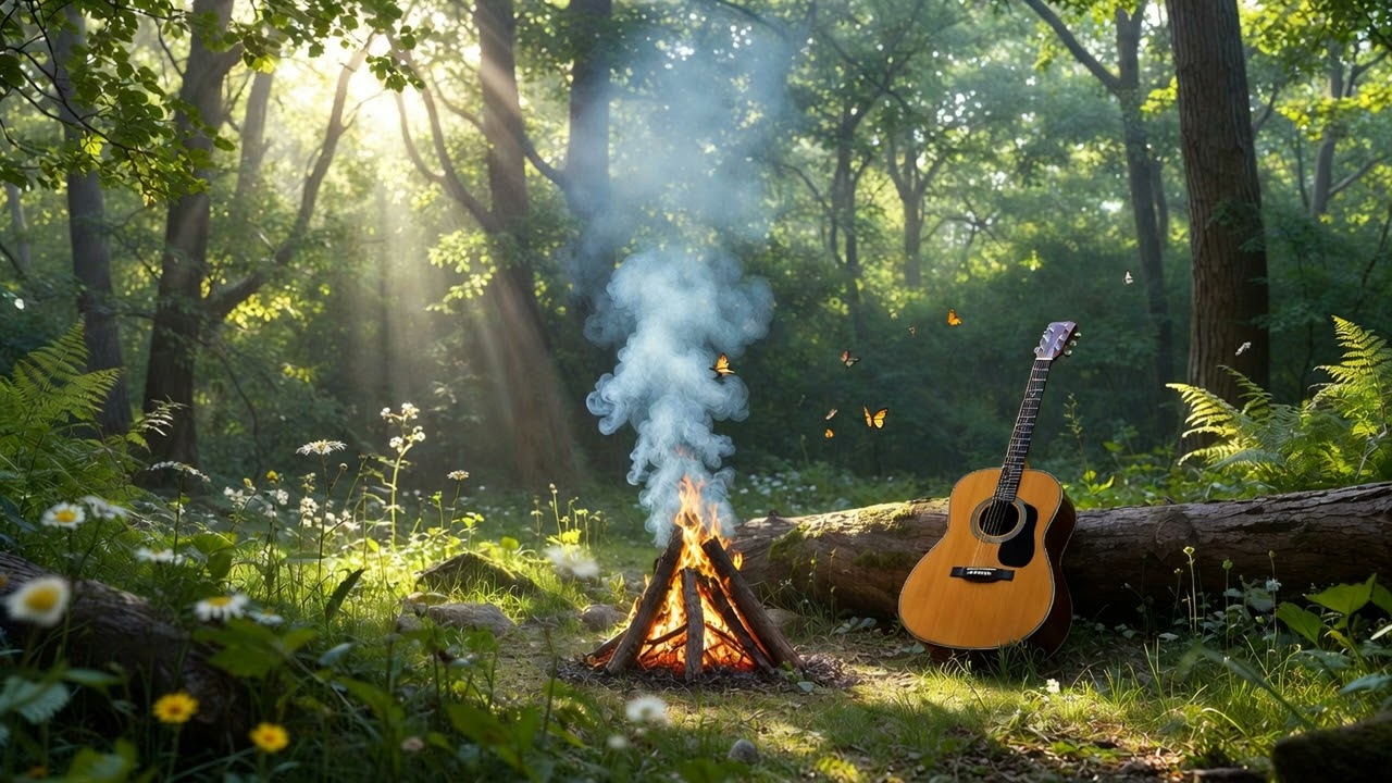 Forest Bonfire with Acoustic Guitar • Peaceful Daytime Ambience for Focus & Romantic Calm