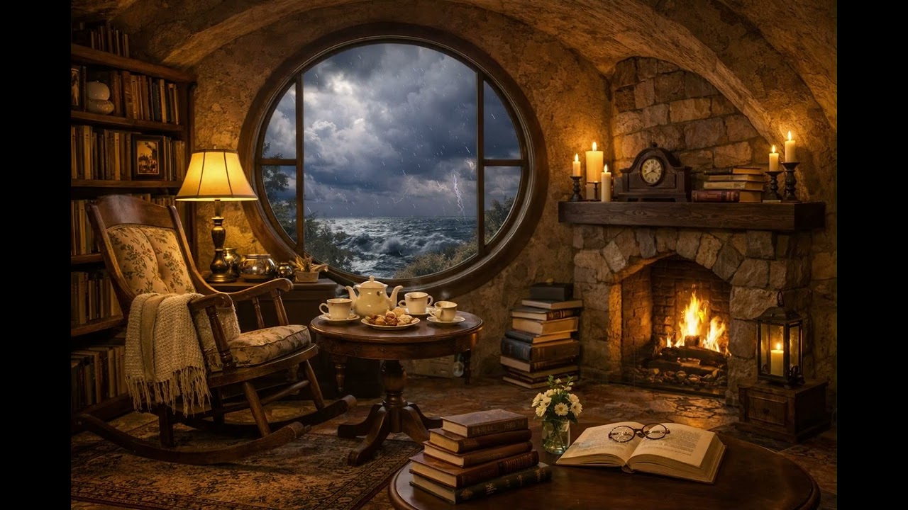 Cozy Stormy Ocean Window 🌊 Cinematic Music & Fireplace Ambience | Thunder, & Relaxing Instrumental