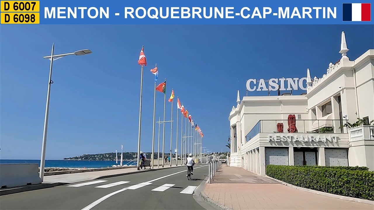 Driving in French Riviera. From Italian border to Monaco. Menton - Roquebrune-Cap-Martin. 4K