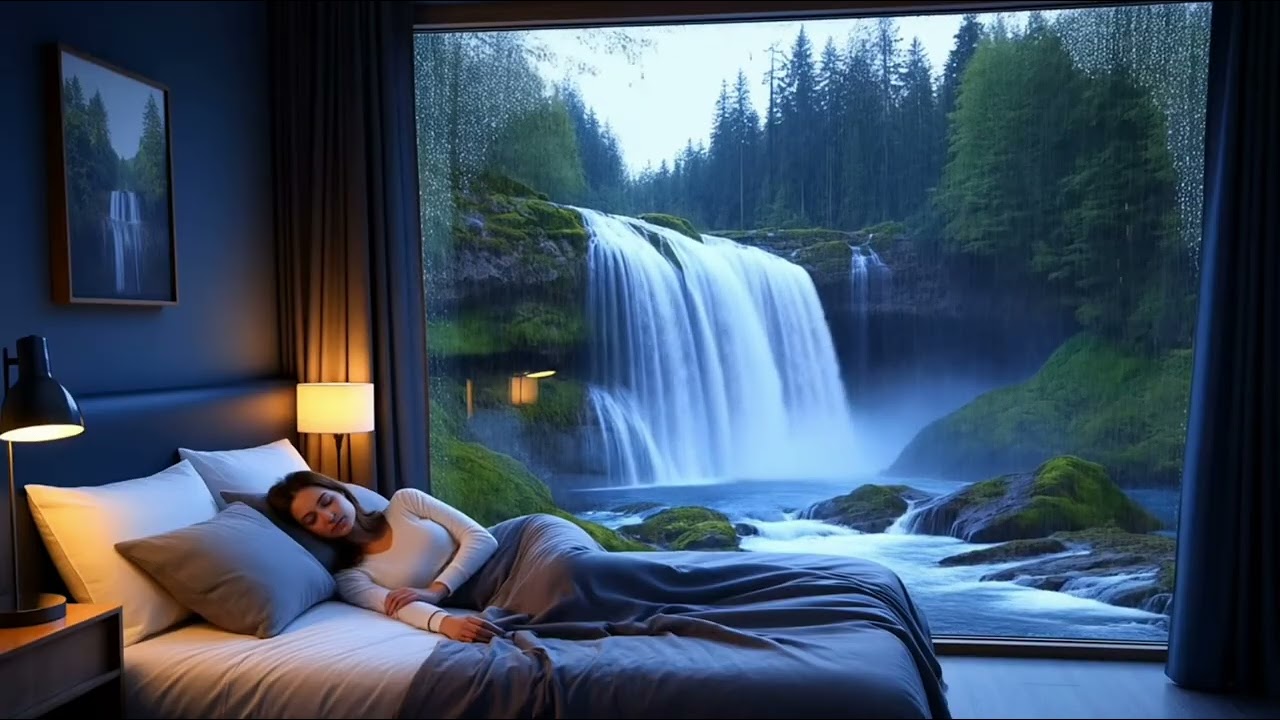 Cozy Night Sleep with Waterfall Sounds | Glass Wall View