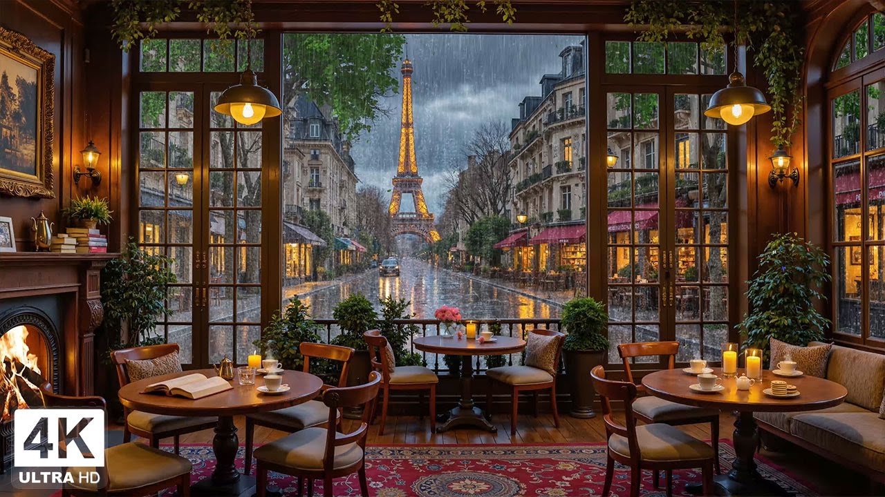 Cozy Paris Café on a Rainy Nights ☕ Relaxing Jazz Ambience with Eiffel Tower View for Deep Focus