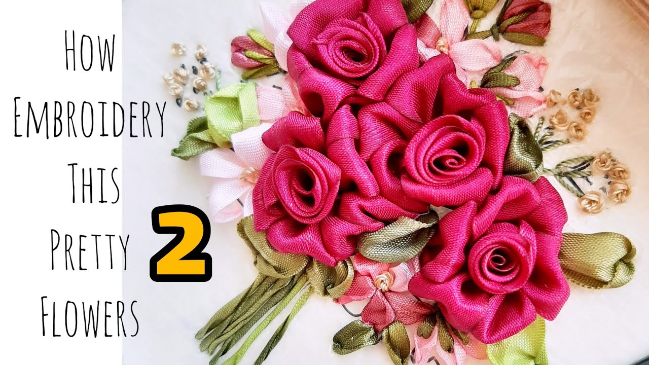 Embroidery Ribbon rose part 2 قسمت دوم آموزش روباندوزی دسته گل رز