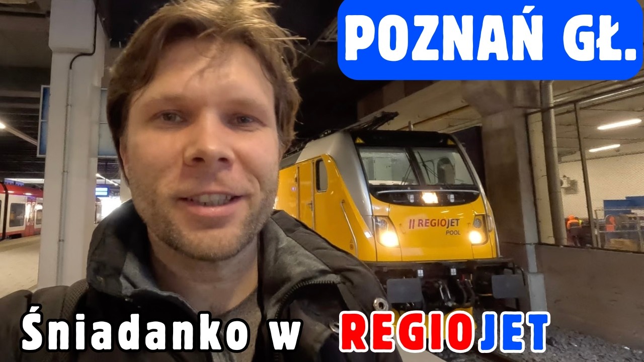 Poznań Gł&oacute;wny przejazd RegioJet z kawą i ciastem, poranek na stacji