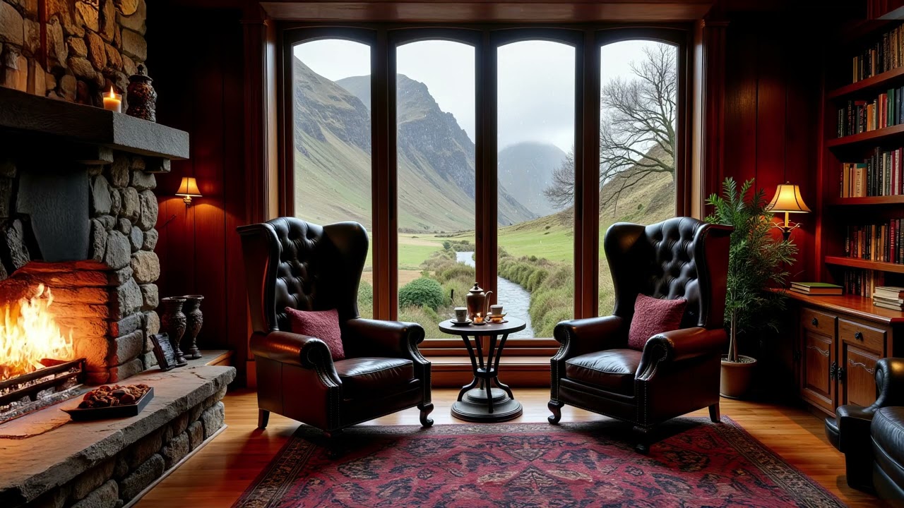 Scotland Ambience – Cozy Highlands Library, Fireplace, Rain & Water| Relaxing Sounds