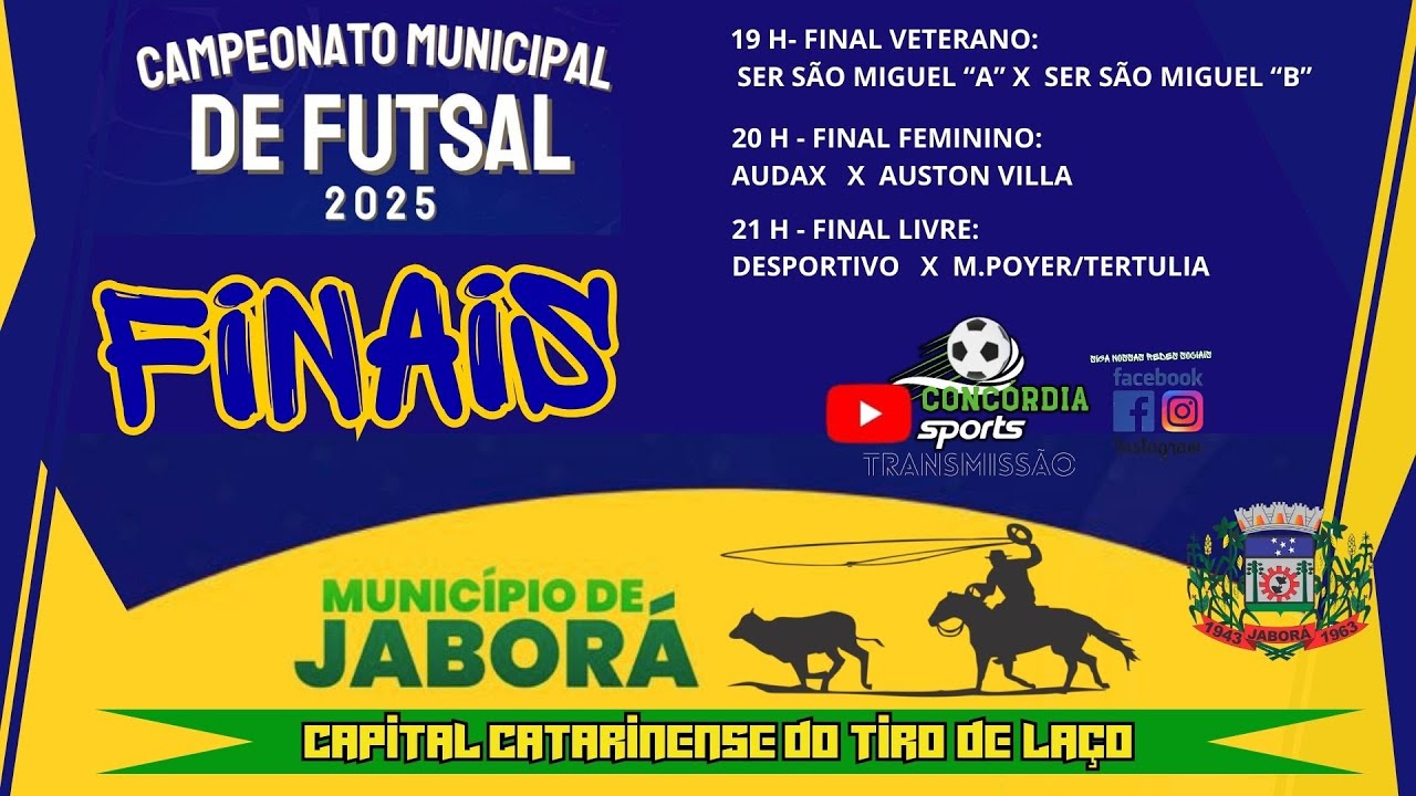 AO VIVO - FINAIS EM JABOR&Aacute; - CAMPEONATO MUNICIPAL DE FUTSAL 2025 -  VETERANO - FEMININO E LIVRE