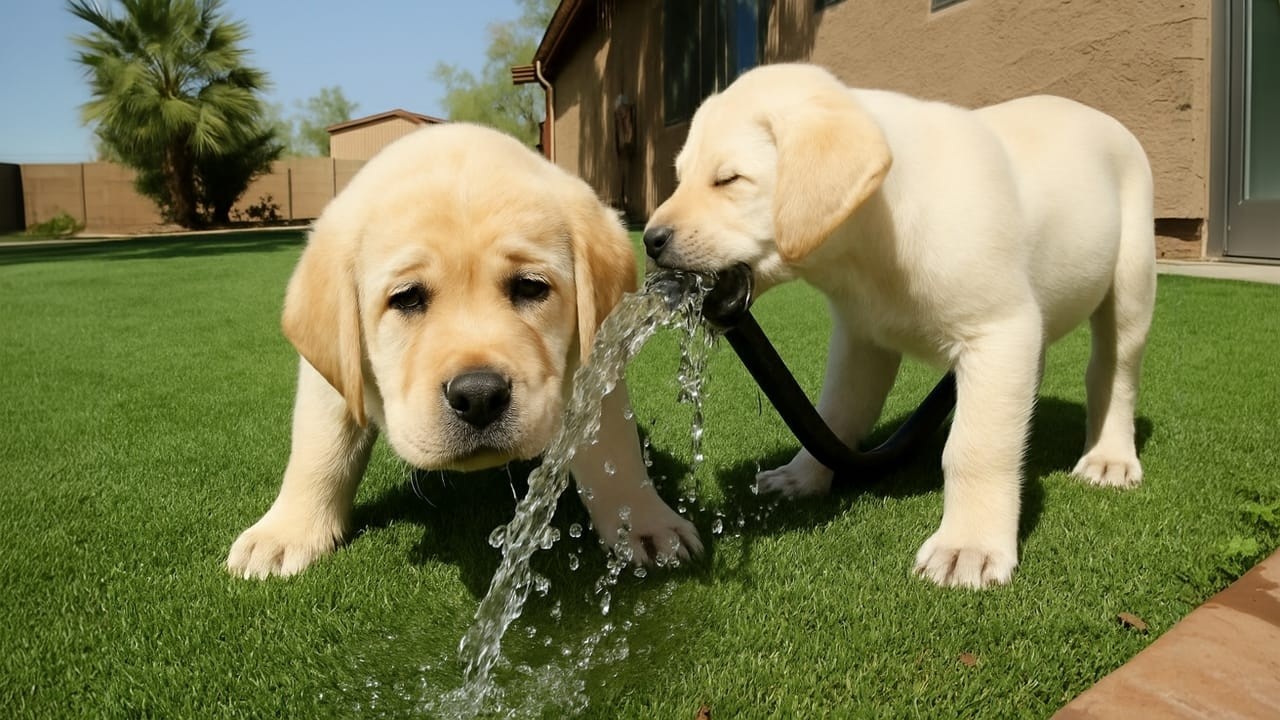 Эти щенки лабрадора только что открыли для себя водяной шланг!