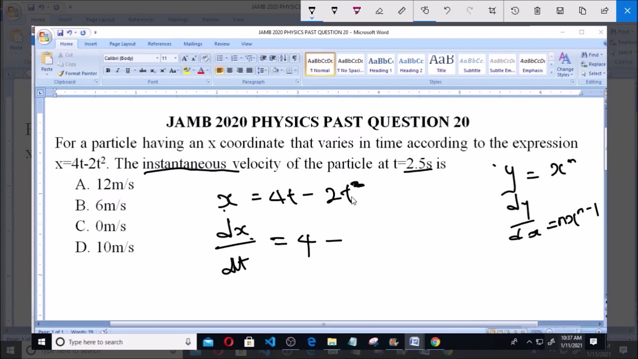 JAMB 2020 PHYSICS PAST QUESTION 20 Instantaneous Velocity