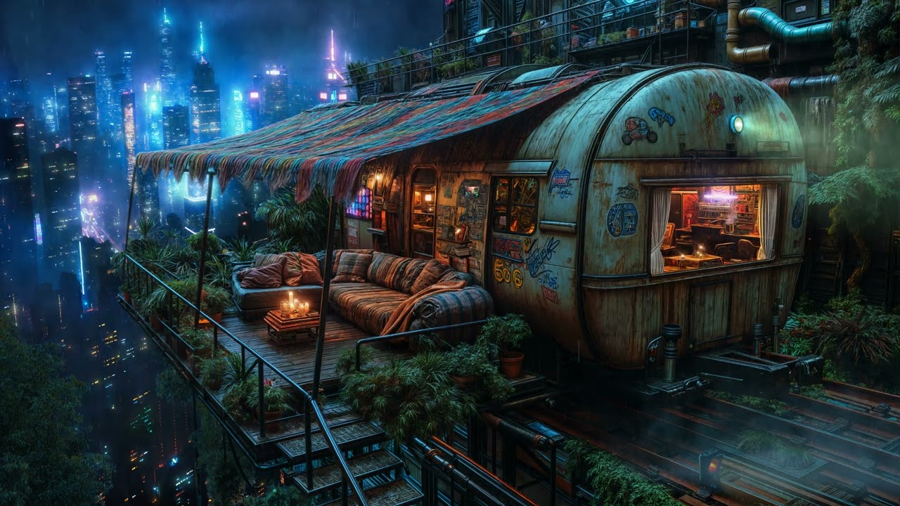 🎵 Trailer Life: Skyrise Sanctuary above the City | Thunder, Rain, and Ambient Music | 4K | 10 hours