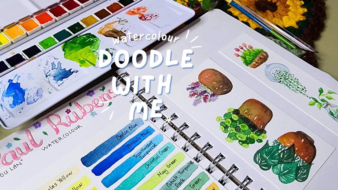 doodle with me / painting tiny plant pots with Paul Rubens watercolour 🌿🪴