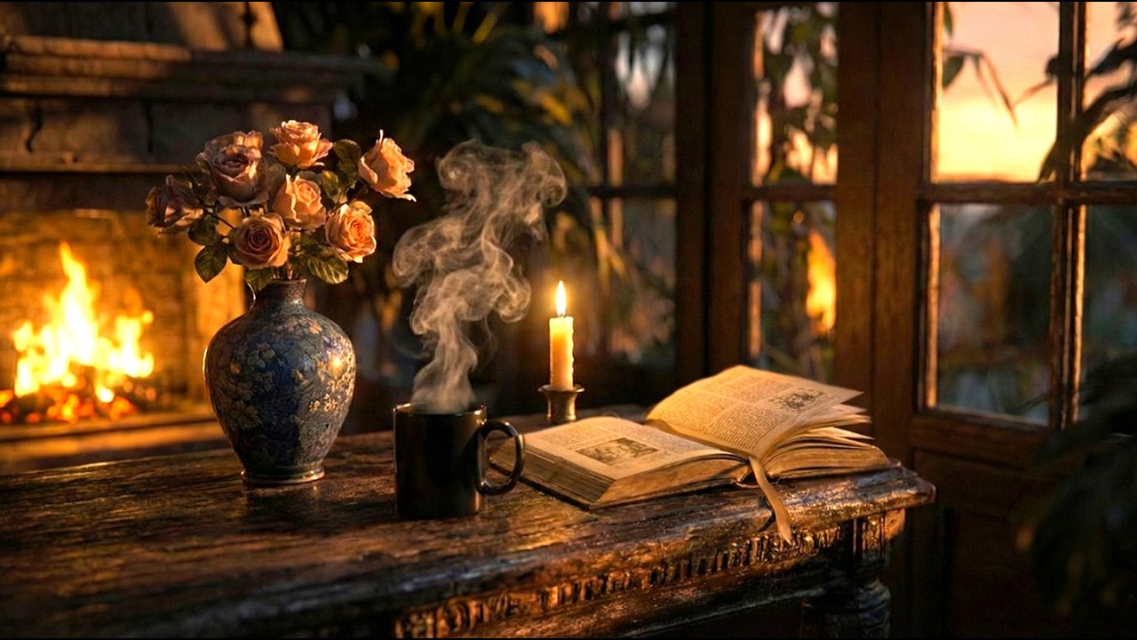 Relaxing Acoustic Guitar for a Peaceful Evening Escape | Cozy Fireplace &  Reading (3 Hours)