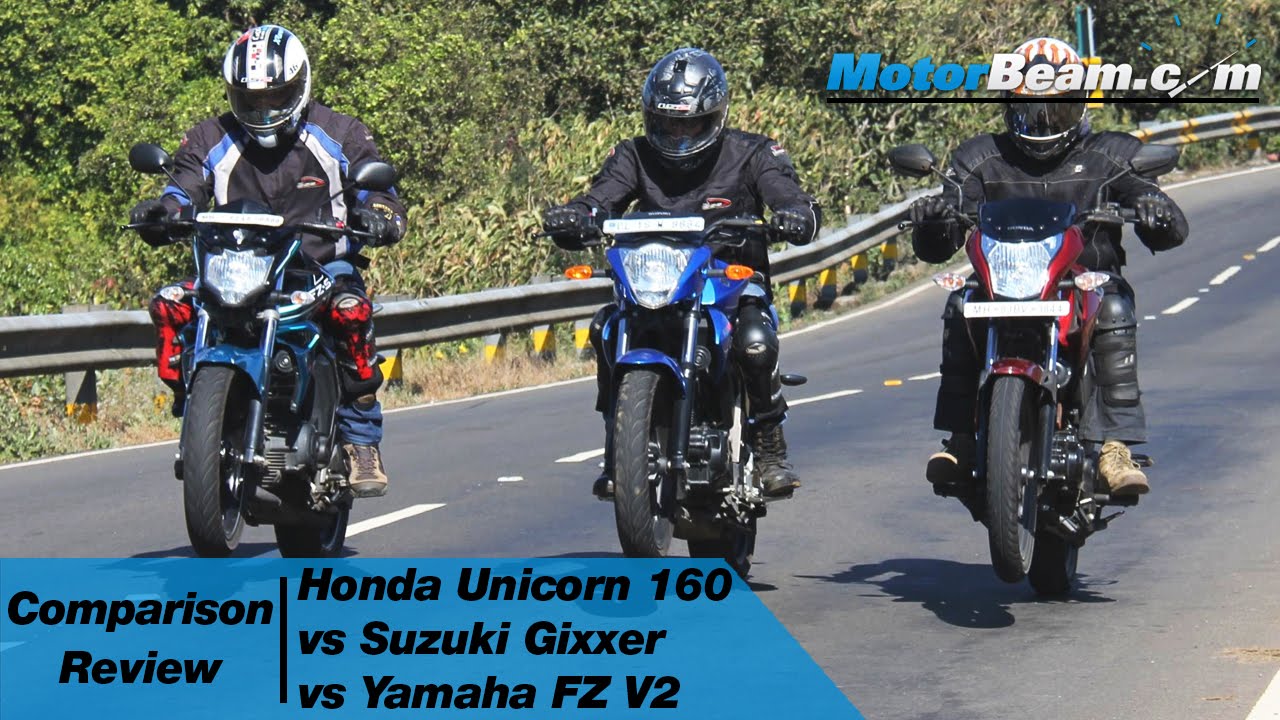Honda Unicorn 160 vs Suzuki Gixxer vs Yamaha FZ V2 - Comparison Review | MotorBeam