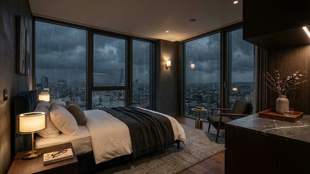 Soft Urban Rain 🌦️ Falling Across Wet Streets Seen From A Quiet Skyline Bedroom 🌃