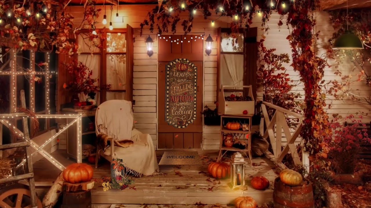 Autumn porch ambience 🍁 | Rustic porch | rustling leaves, crickets, chimes, footsteps sounds |