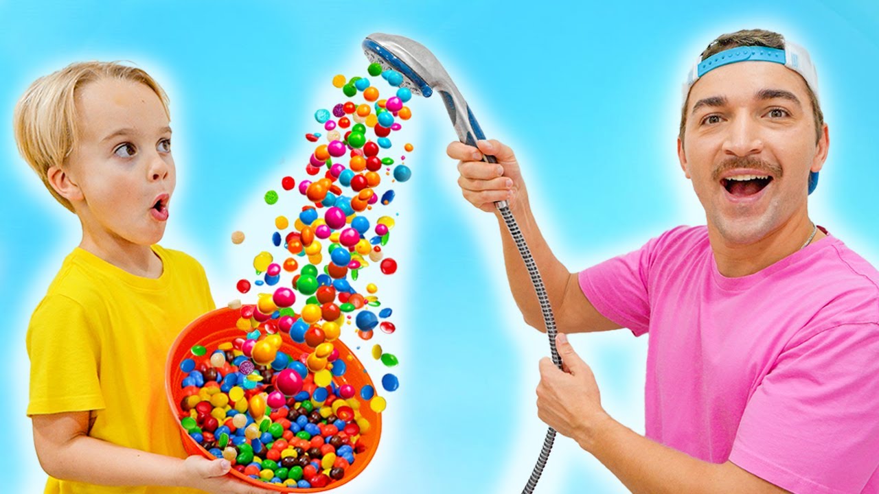 Aventure de la douche de bonbons magique avec Chris et Alice