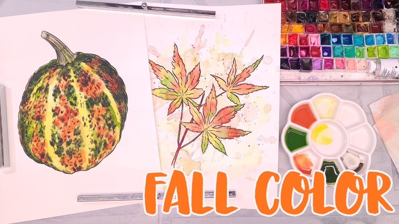 Super Easy Ink and Wash Tutorial! Ink and Paint Autumn Leaves and Pumpkins