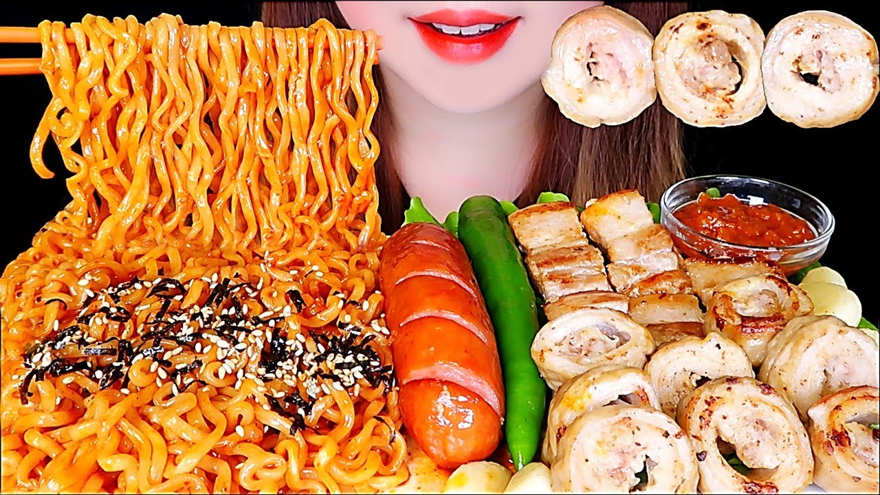 ASMR SPICY FIRE NOODLES, PORK BELLY, PORK ENTRAILS, SAUSAGE Mukbang Eating sounds