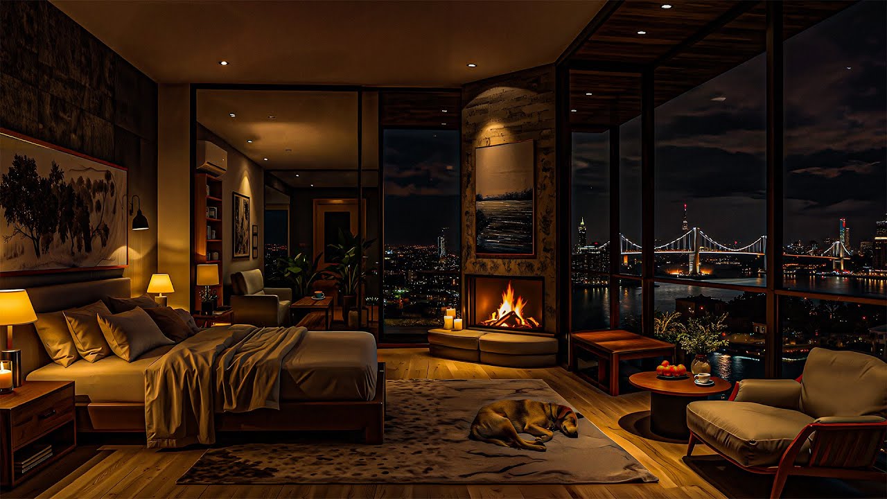 Warm Jazz For A Relaxing, Focus Day - Soft Jazz Background Music & Fireplace Sound In A Cozy Bedroom