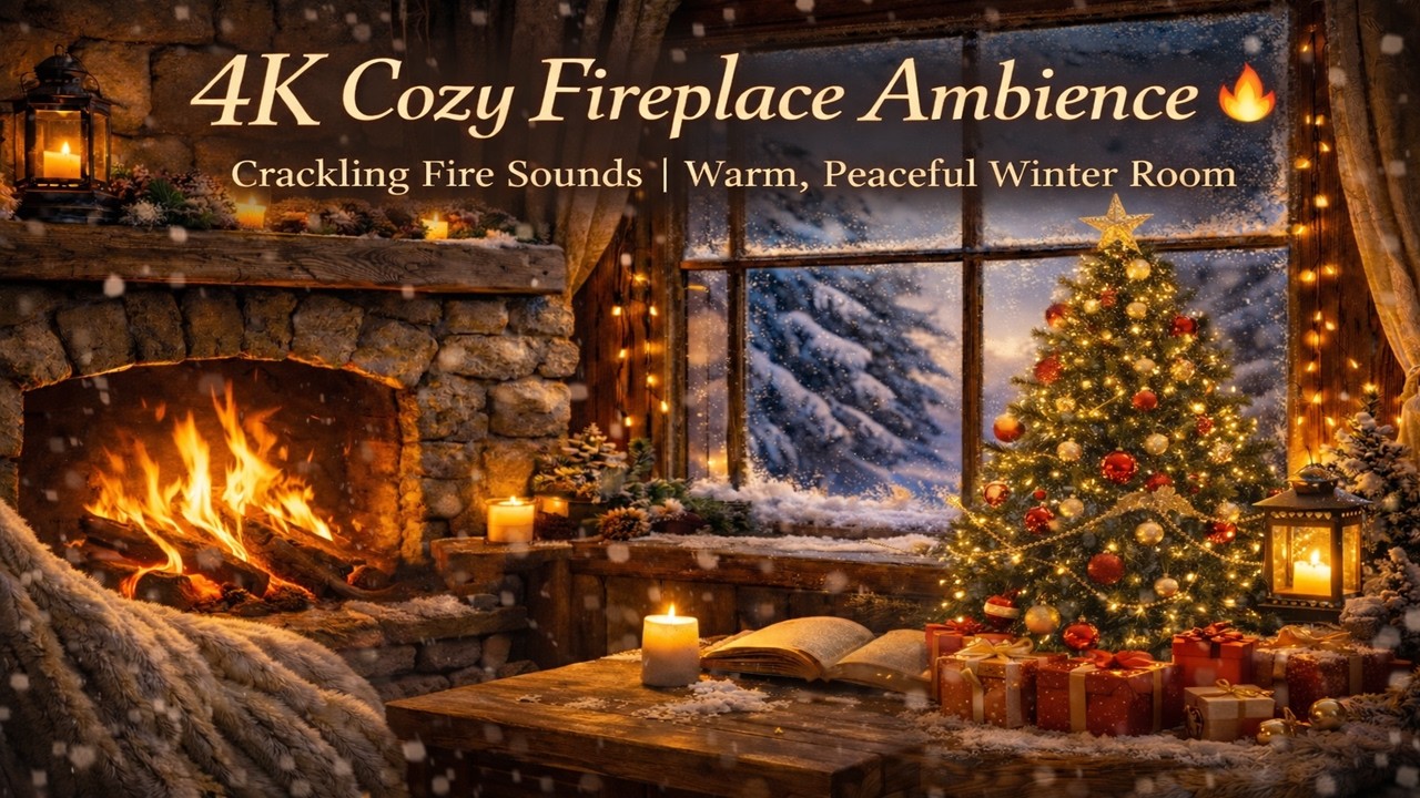4K Cozy Fireplace Ambience 🔥 Crackling Fire Sounds | Warm, Peaceful Winter Room